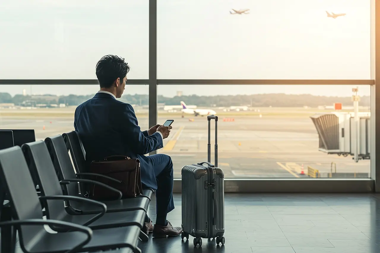 空港で飛行機出発待ちをしているビジネスマン