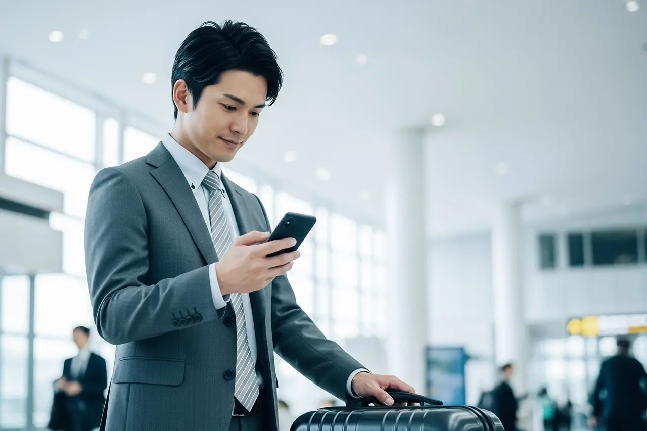 ビジネスマンが出張の途中空港でスマホを確認している様子