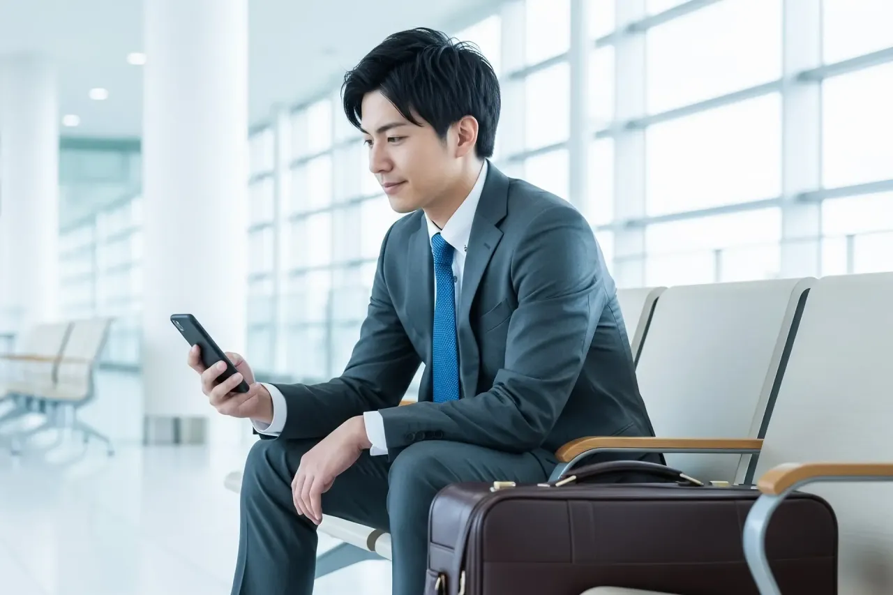空港で飛行機出発待ちをしているビジネスマン