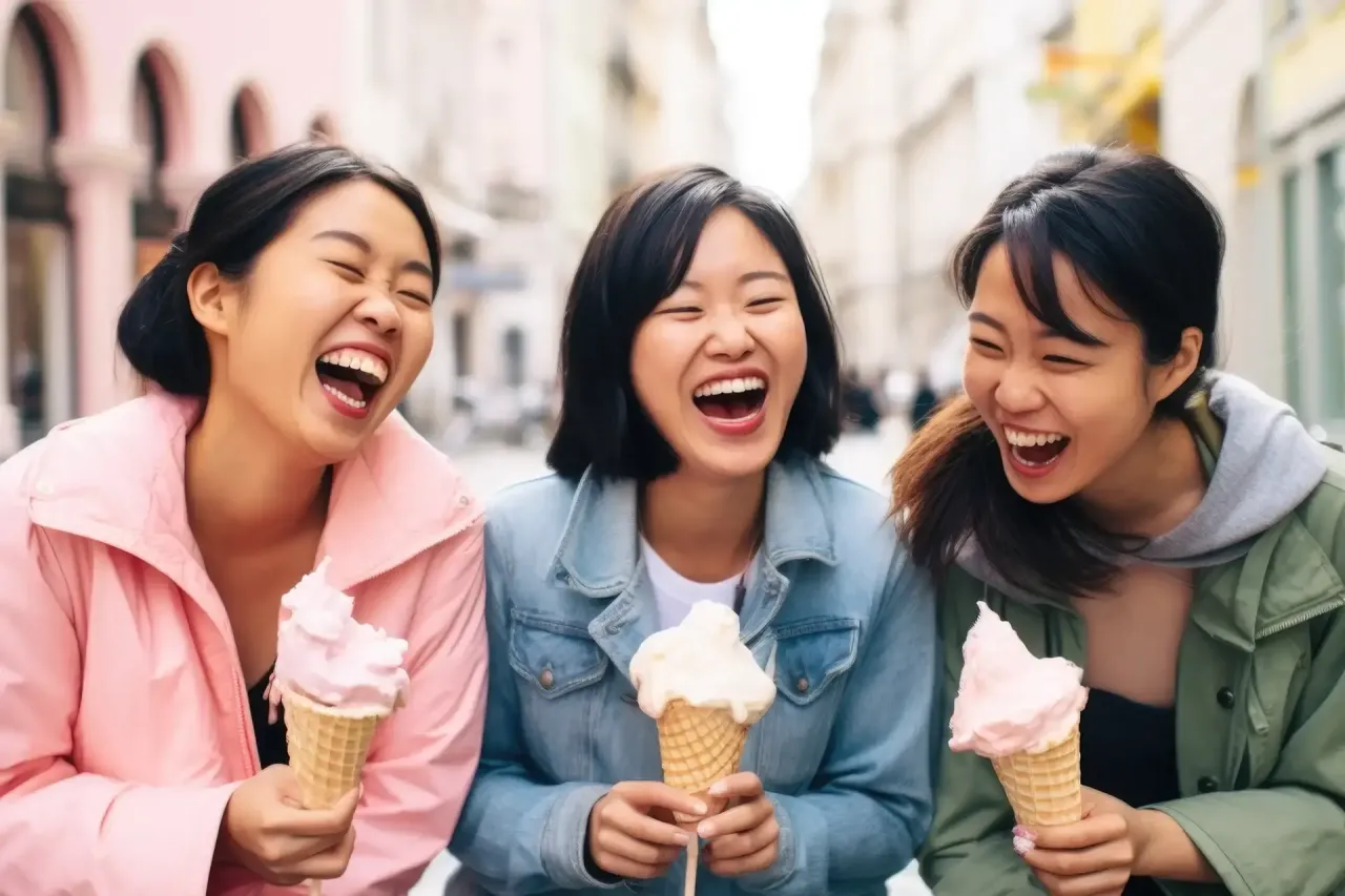  女性３人がテーマパークで笑顔でアイスクリームを食べている様子)